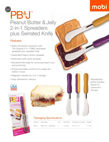 Mobi Pb&J Peanut Butter & Jelly 2-In-1 Spreader Knives With Serrated Edge