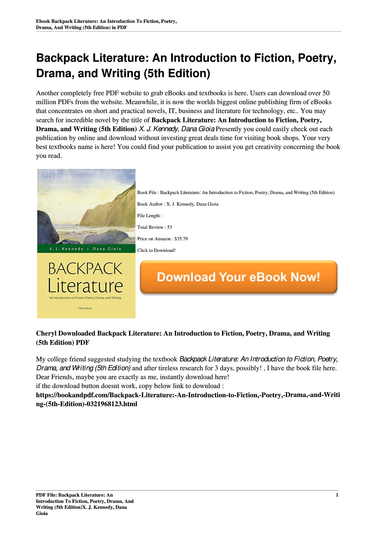 Backpack Literature: An Introduction to Fiction, Poetry, Drama, and Writing (5th Edition)X. J ...