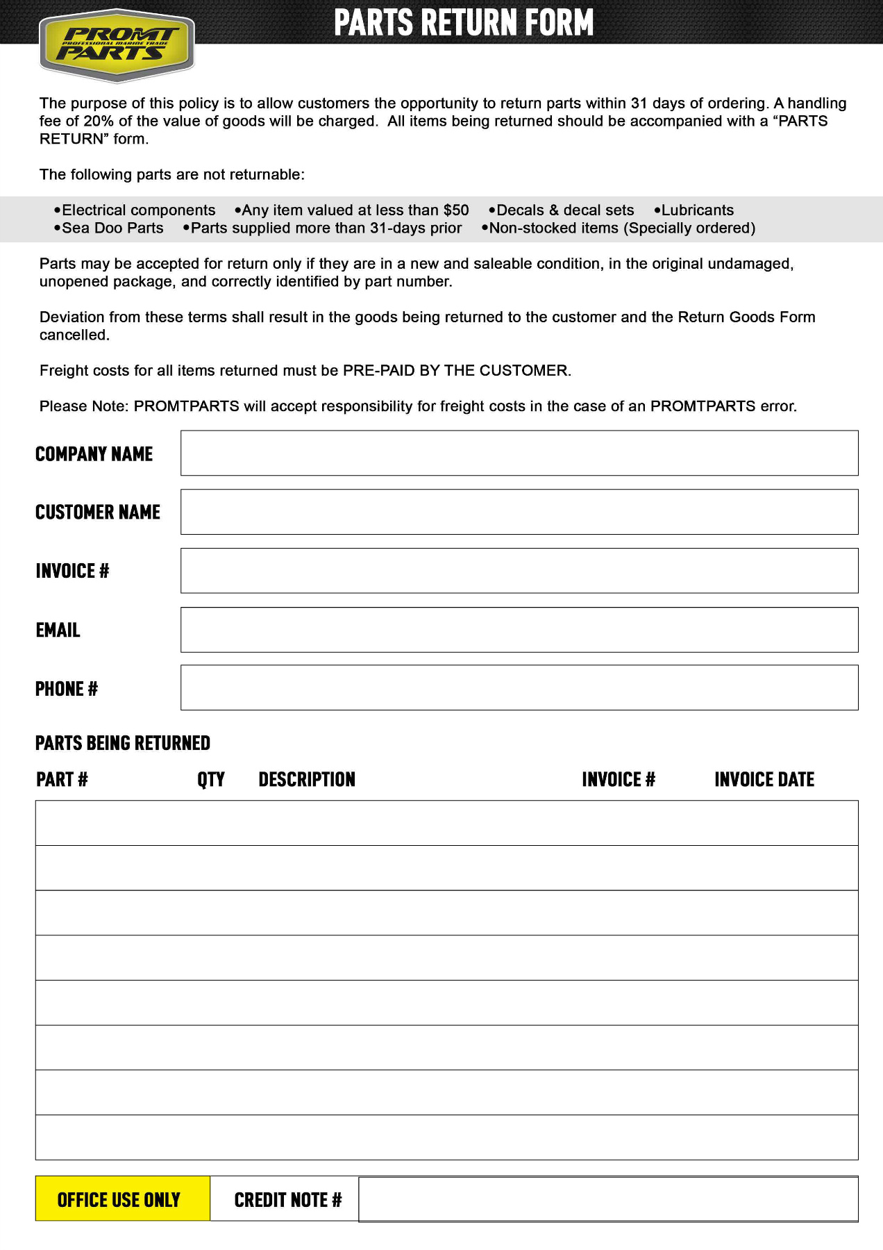 PARTS RETURN FORM