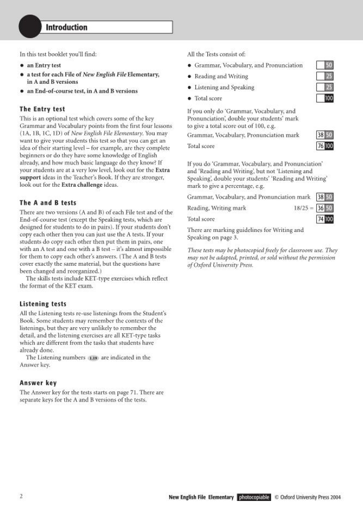 Oxford university press new english file elementary test booklet