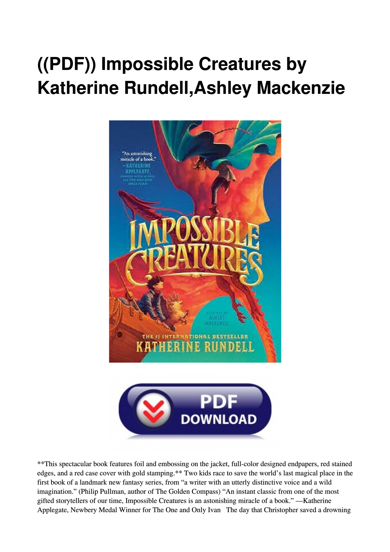 ((PDF)) Impossible Creatures by Katherine Rundell,Ashley Mackenzie